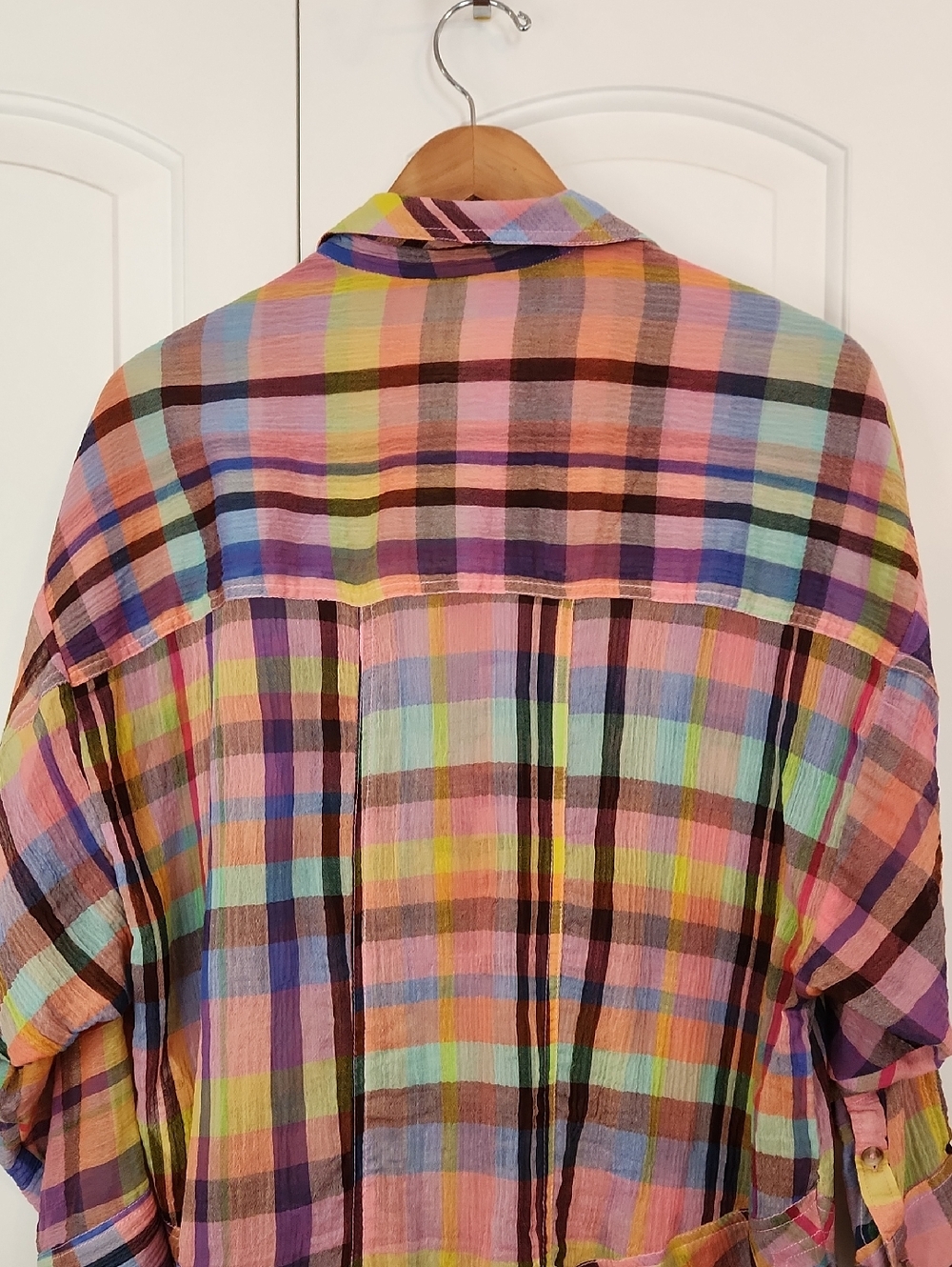 Pilcro Long-Sleeve Mixed Madras Plaid Oversized Buttondown Shirt Size XL Petite - Picture 8 of 11